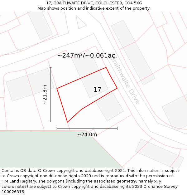 17, BRAITHWAITE DRIVE, COLCHESTER, CO4 5XG: Plot and title map