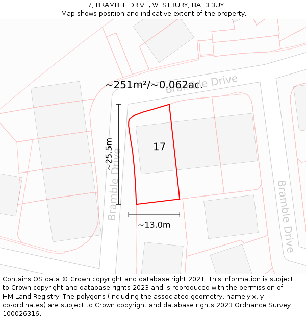 17, BRAMBLE DRIVE, WESTBURY, BA13 3UY: Plot and title map