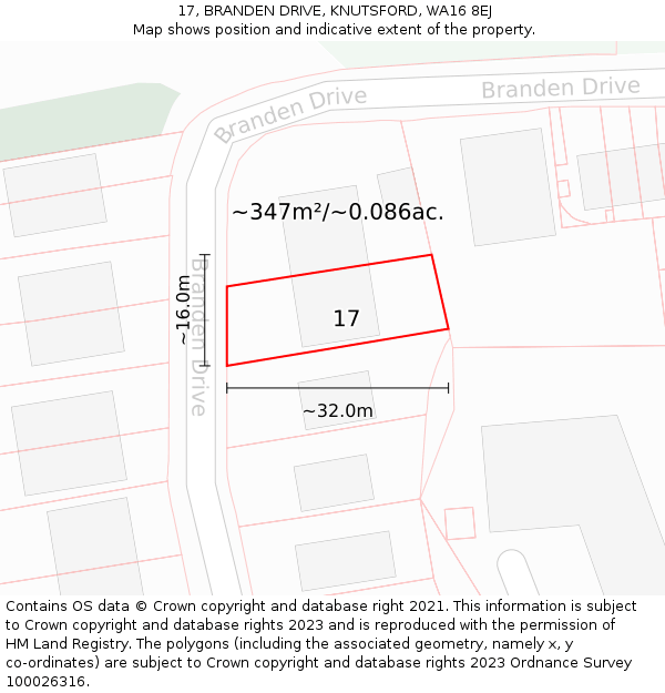 17, BRANDEN DRIVE, KNUTSFORD, WA16 8EJ: Plot and title map