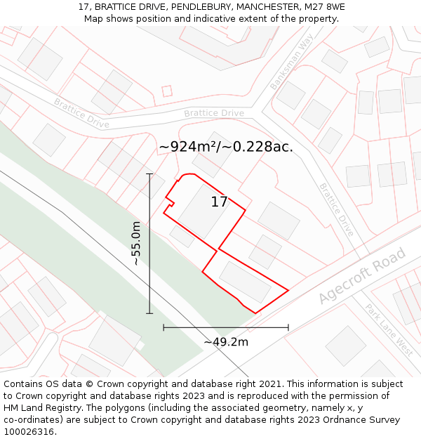 17, BRATTICE DRIVE, PENDLEBURY, MANCHESTER, M27 8WE: Plot and title map