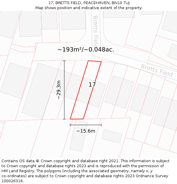 17, BRETTS FIELD, PEACEHAVEN, BN10 7UJ: Plot and title map