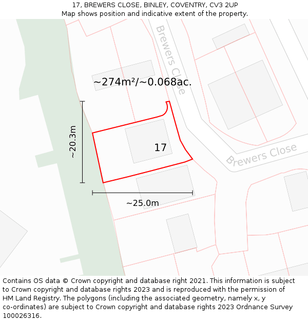 17, BREWERS CLOSE, BINLEY, COVENTRY, CV3 2UP: Plot and title map