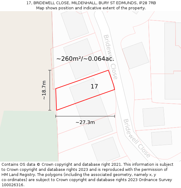 17, BRIDEWELL CLOSE, MILDENHALL, BURY ST EDMUNDS, IP28 7RB: Plot and title map