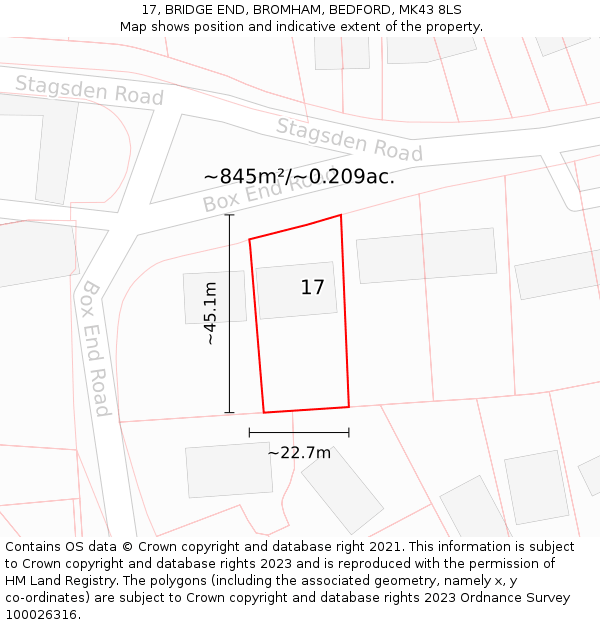 17, BRIDGE END, BROMHAM, BEDFORD, MK43 8LS: Plot and title map