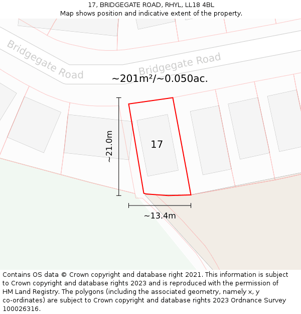 17, BRIDGEGATE ROAD, RHYL, LL18 4BL: Plot and title map