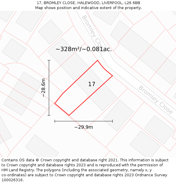 17, BROMLEY CLOSE, HALEWOOD, LIVERPOOL, L26 6BB: Plot and title map