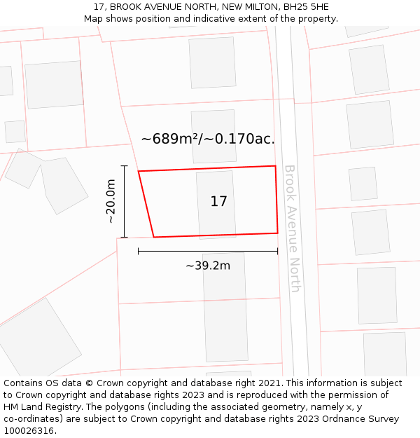 17, BROOK AVENUE NORTH, NEW MILTON, BH25 5HE: Plot and title map