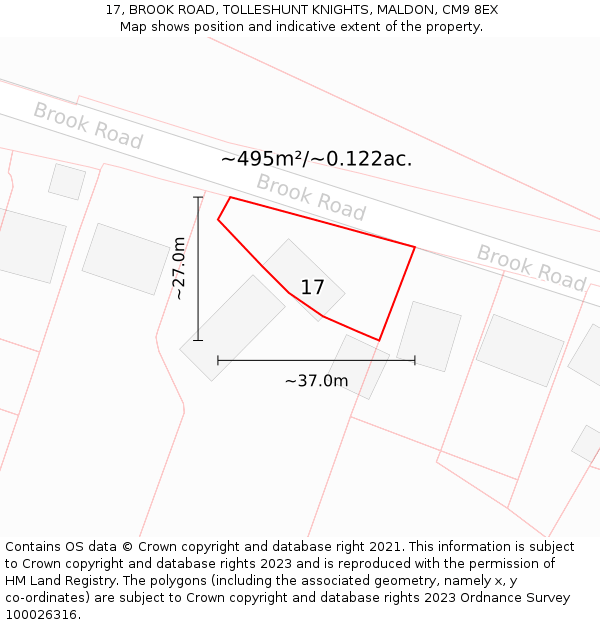 17, BROOK ROAD, TOLLESHUNT KNIGHTS, MALDON, CM9 8EX: Plot and title map