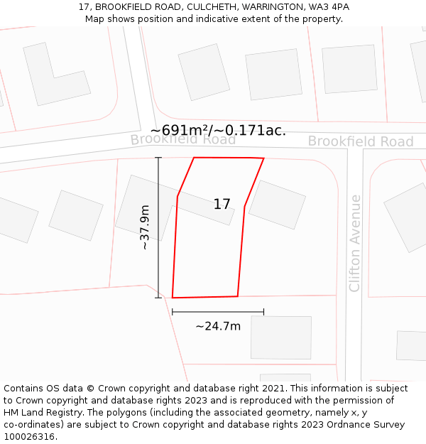 17, BROOKFIELD ROAD, CULCHETH, WARRINGTON, WA3 4PA: Plot and title map