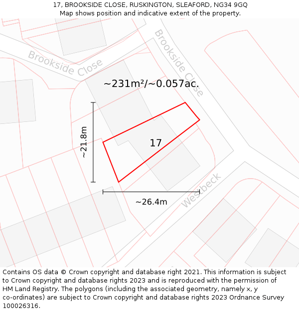 17, BROOKSIDE CLOSE, RUSKINGTON, SLEAFORD, NG34 9GQ: Plot and title map