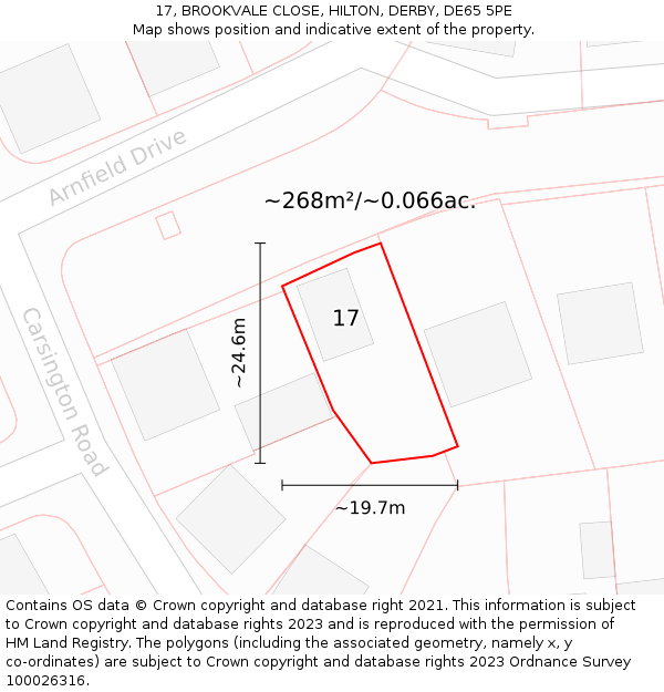 17, BROOKVALE CLOSE, HILTON, DERBY, DE65 5PE: Plot and title map