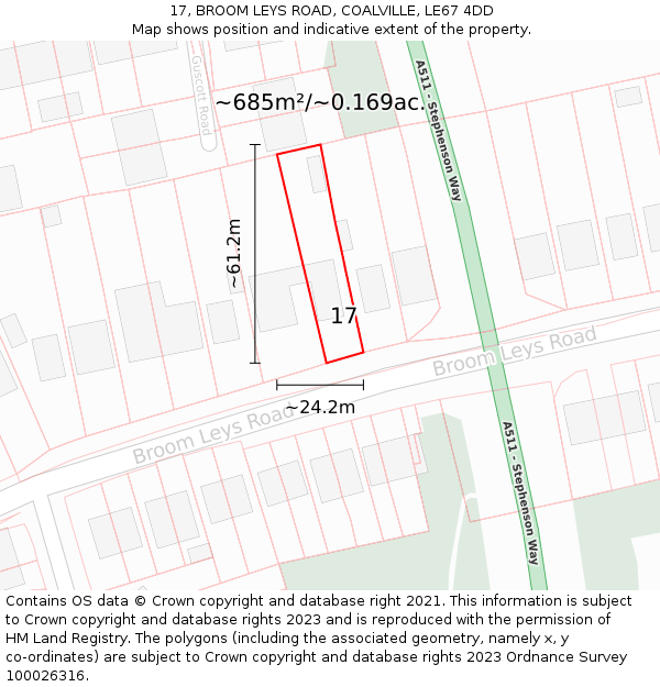 17, BROOM LEYS ROAD, COALVILLE, LE67 4DD: Plot and title map