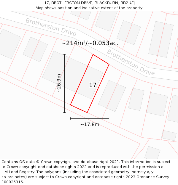 17, BROTHERSTON DRIVE, BLACKBURN, BB2 4FJ: Plot and title map