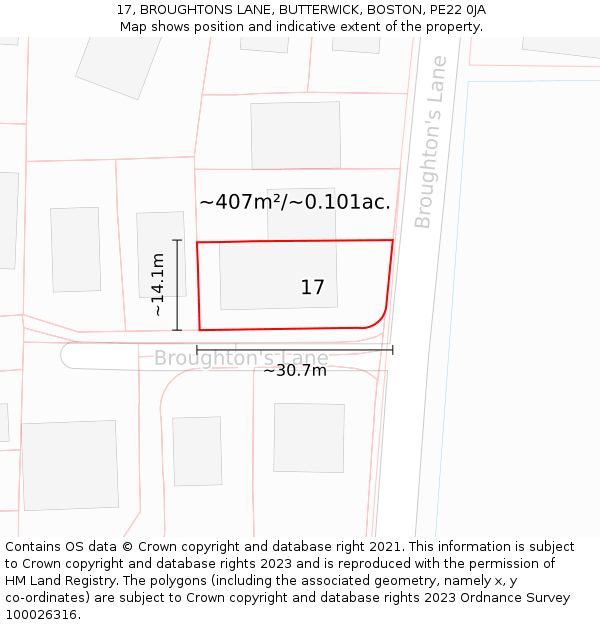 17, BROUGHTONS LANE, BUTTERWICK, BOSTON, PE22 0JA: Plot and title map