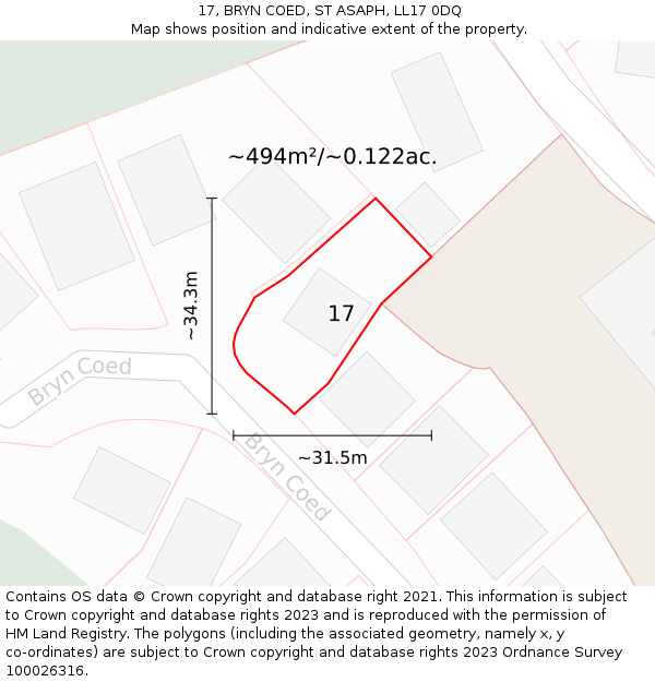 17, BRYN COED, ST ASAPH, LL17 0DQ: Plot and title map