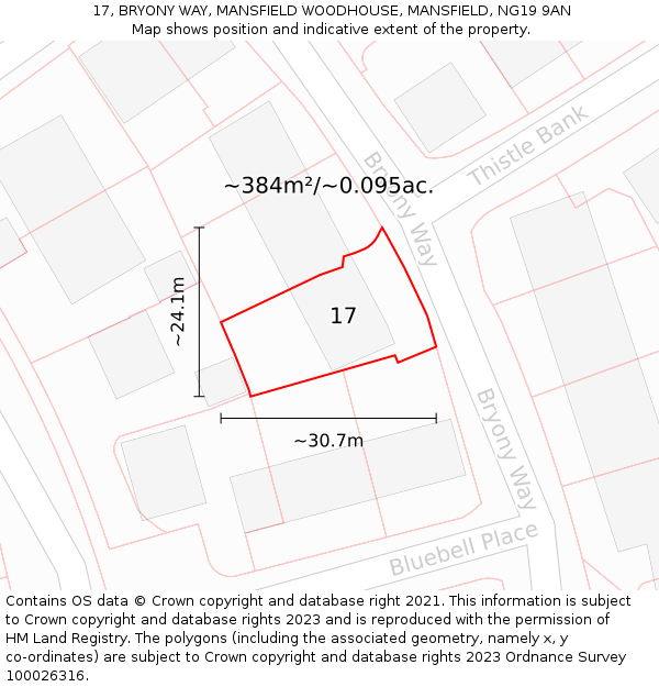 17, BRYONY WAY, MANSFIELD WOODHOUSE, MANSFIELD, NG19 9AN: Plot and title map