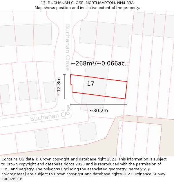 17, BUCHANAN CLOSE, NORTHAMPTON, NN4 8RA: Plot and title map