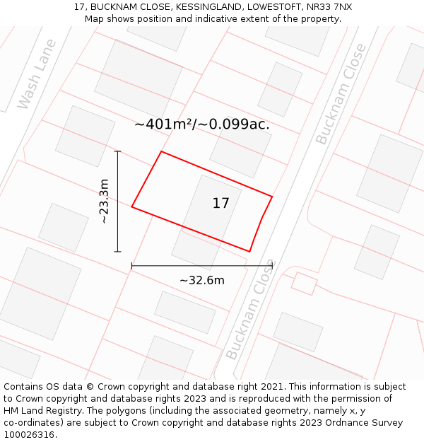 17, BUCKNAM CLOSE, KESSINGLAND, LOWESTOFT, NR33 7NX: Plot and title map