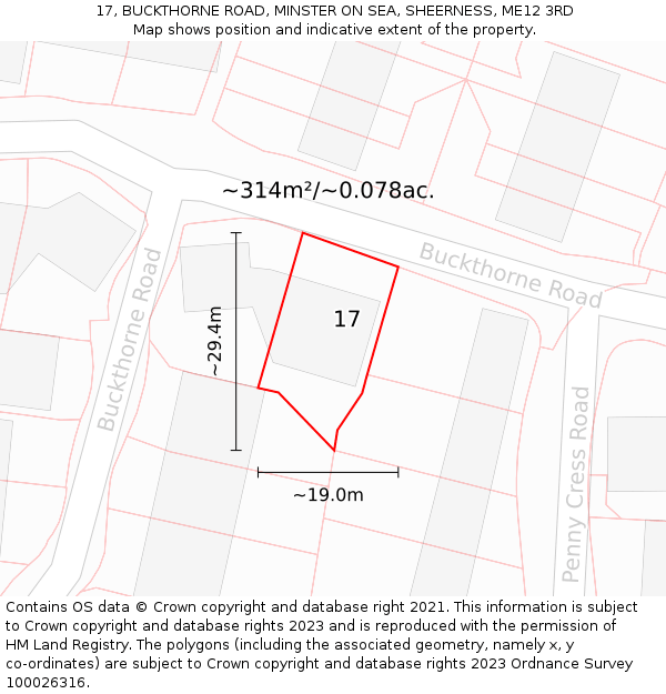 17, BUCKTHORNE ROAD, MINSTER ON SEA, SHEERNESS, ME12 3RD: Plot and title map