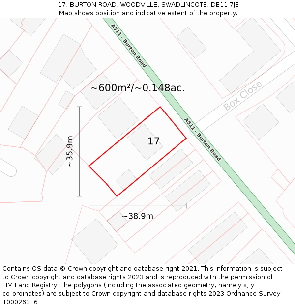 17, BURTON ROAD, WOODVILLE, SWADLINCOTE, DE11 7JE: Plot and title map