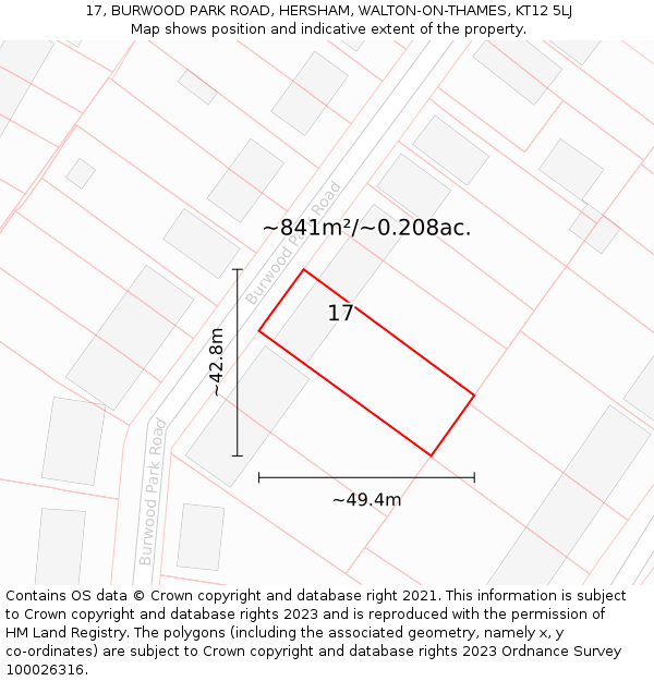 17, BURWOOD PARK ROAD, HERSHAM, WALTON-ON-THAMES, KT12 5LJ: Plot and title map
