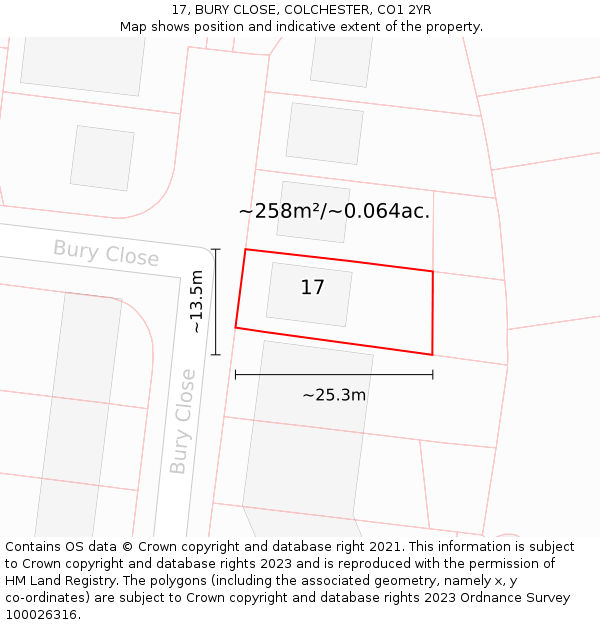 17, BURY CLOSE, COLCHESTER, CO1 2YR: Plot and title map