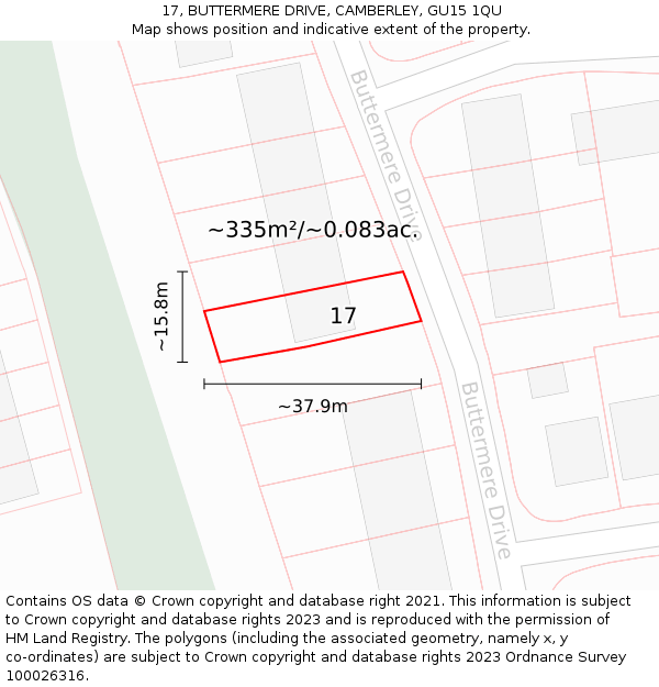 17, BUTTERMERE DRIVE, CAMBERLEY, GU15 1QU: Plot and title map