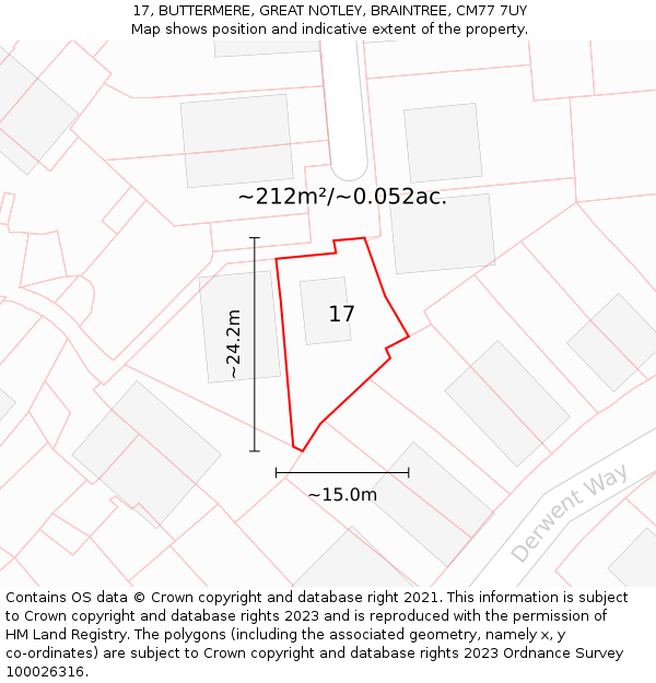 17, BUTTERMERE, GREAT NOTLEY, BRAINTREE, CM77 7UY: Plot and title map