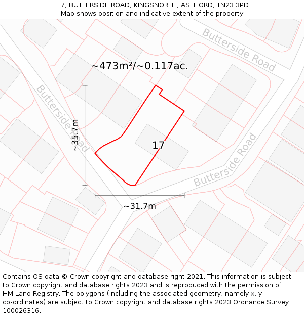 17, BUTTERSIDE ROAD, KINGSNORTH, ASHFORD, TN23 3PD: Plot and title map