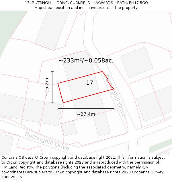 17, BUTTINGHILL DRIVE, CUCKFIELD, HAYWARDS HEATH, RH17 5GQ: Plot and title map