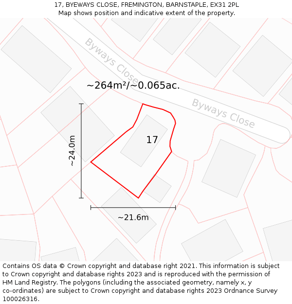 17, BYEWAYS CLOSE, FREMINGTON, BARNSTAPLE, EX31 2PL: Plot and title map