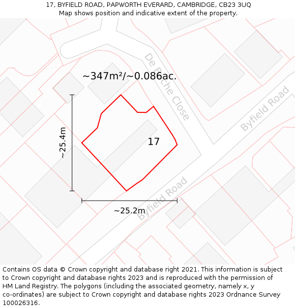 17, BYFIELD ROAD, PAPWORTH EVERARD, CAMBRIDGE, CB23 3UQ: Plot and title map