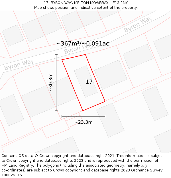 17, BYRON WAY, MELTON MOWBRAY, LE13 1NY: Plot and title map