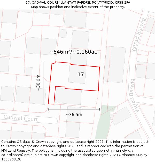 17, CADWAL COURT, LLANTWIT FARDRE, PONTYPRIDD, CF38 2FA: Plot and title map