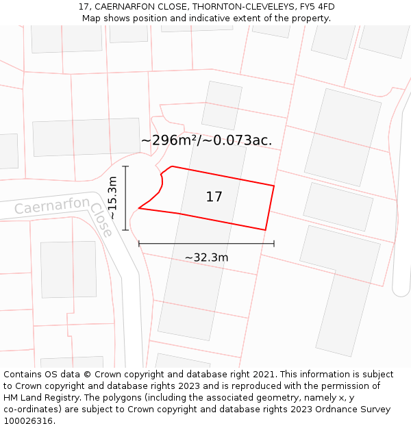 17, CAERNARFON CLOSE, THORNTON-CLEVELEYS, FY5 4FD: Plot and title map