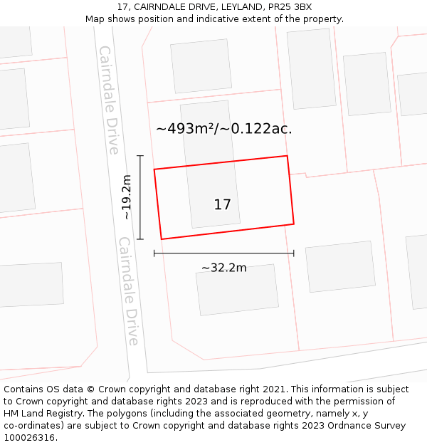 17, CAIRNDALE DRIVE, LEYLAND, PR25 3BX: Plot and title map