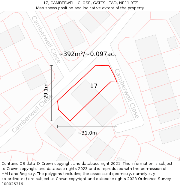 17, CAMBERWELL CLOSE, GATESHEAD, NE11 9TZ: Plot and title map