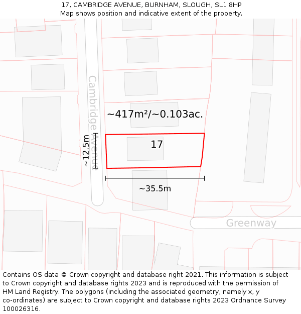 17, CAMBRIDGE AVENUE, BURNHAM, SLOUGH, SL1 8HP: Plot and title map