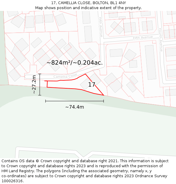 17, CAMELLIA CLOSE, BOLTON, BL1 4NY: Plot and title map