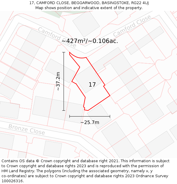 17, CAMFORD CLOSE, BEGGARWOOD, BASINGSTOKE, RG22 4UJ: Plot and title map