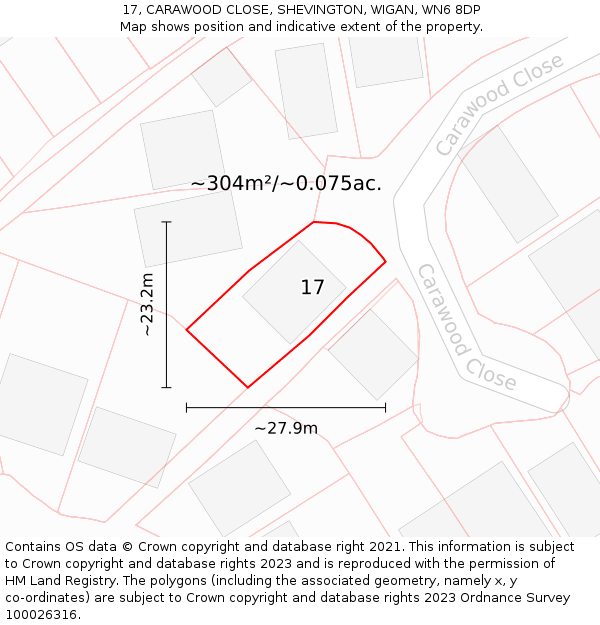 17, CARAWOOD CLOSE, SHEVINGTON, WIGAN, WN6 8DP: Plot and title map