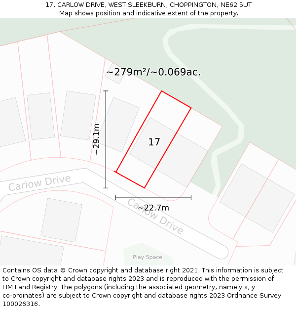 17, CARLOW DRIVE, WEST SLEEKBURN, CHOPPINGTON, NE62 5UT: Plot and title map