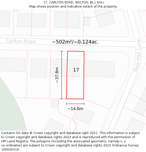 17, CARLTON ROAD, BOLTON, BL1 5HU: Plot and title map