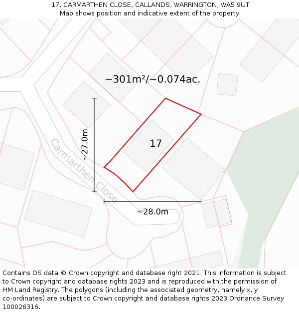 17, CARMARTHEN CLOSE, CALLANDS, WARRINGTON, WA5 9UT: Plot and title map