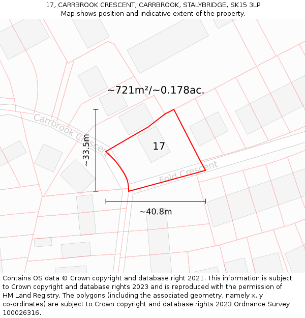 17, CARRBROOK CRESCENT, CARRBROOK, STALYBRIDGE, SK15 3LP: Plot and title map