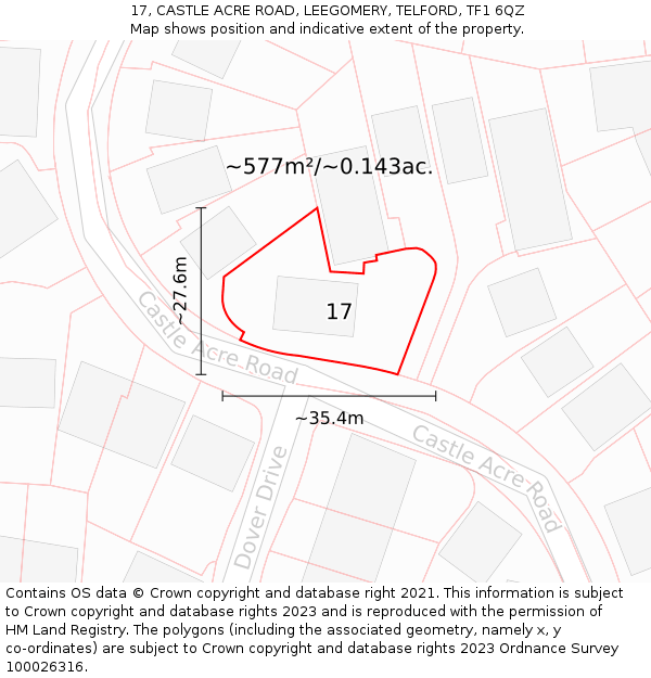 17, CASTLE ACRE ROAD, LEEGOMERY, TELFORD, TF1 6QZ: Plot and title map