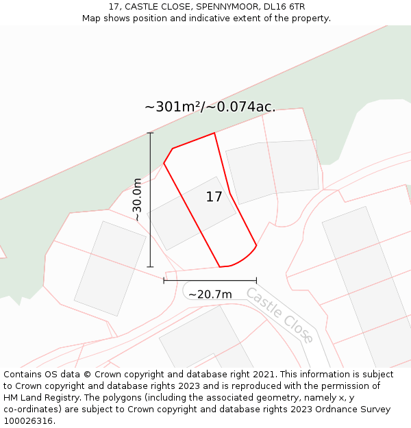 17, CASTLE CLOSE, SPENNYMOOR, DL16 6TR: Plot and title map