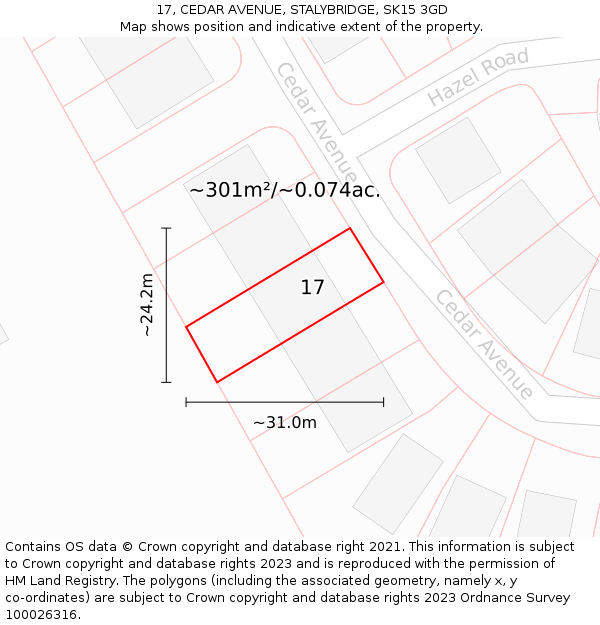 17, CEDAR AVENUE, STALYBRIDGE, SK15 3GD: Plot and title map