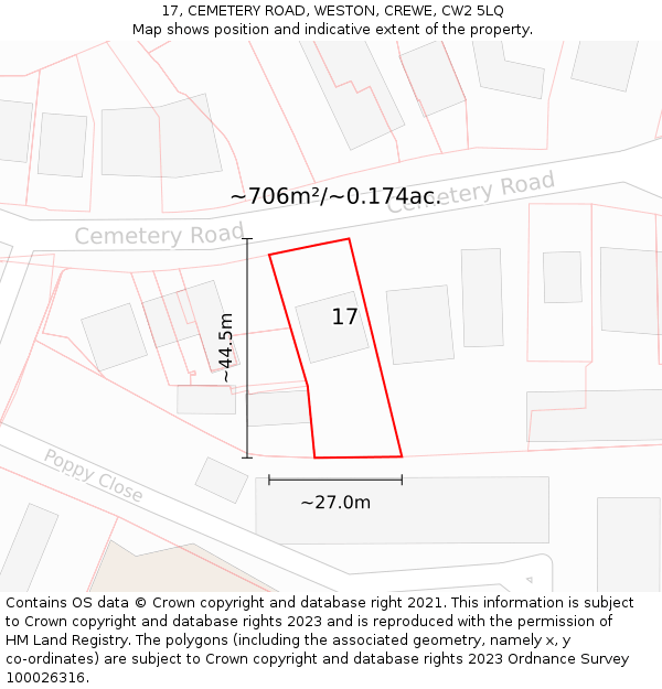 17, CEMETERY ROAD, WESTON, CREWE, CW2 5LQ: Plot and title map