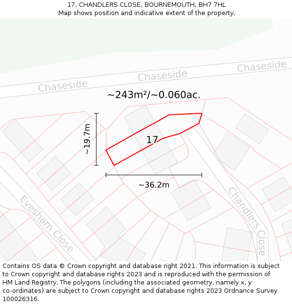 17, CHANDLERS CLOSE, BOURNEMOUTH, BH7 7HL: Plot and title map